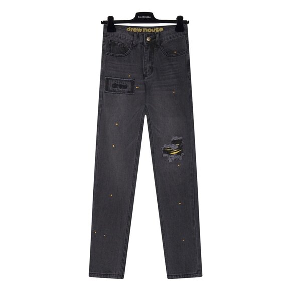 Drew House Smiley Face Ripped Washed Ink-Splashed Jeans - Picture 1 of 6
